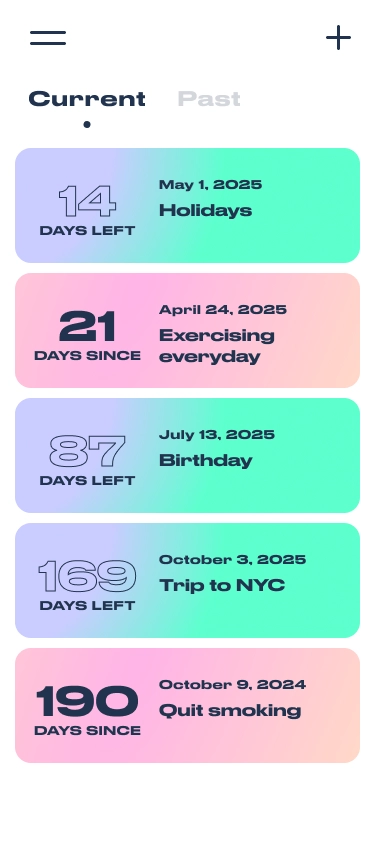 Day Counter — the main list of countdowns and count-ups