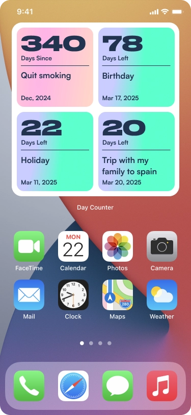 Day Counter widgets on the iOS home screen